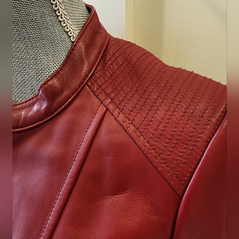 Free Ship!! WHBM Red Leather Moto Jacket with Sleek Fit SIZE XS - Picture 11 of 16